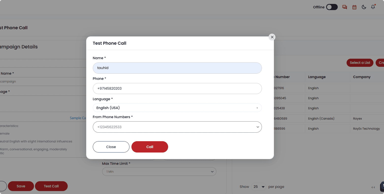 Test Call Setup